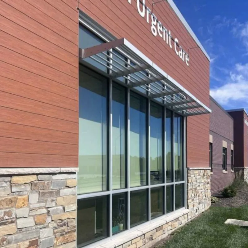 A commercial building with a wall of clean windows