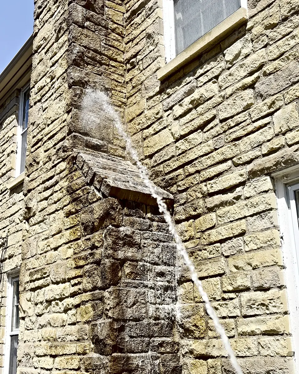 A low-pressure soft wash being applied to a limestone chimney