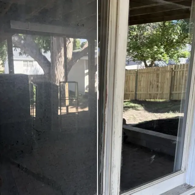 A window half dirty with hard water and half clean